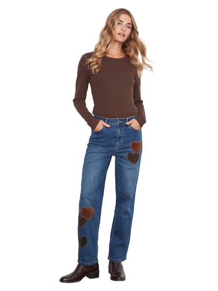 STRAIGHT LEG PANTS WITH CORDUROY AND LEOPARD HEART PATCHES Jeans Charlie B. 