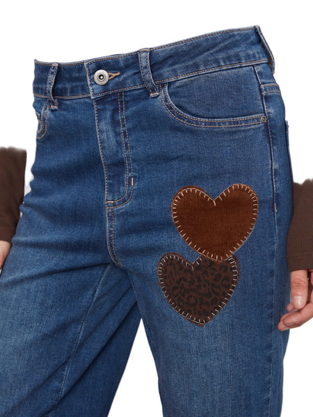 STRAIGHT LEG PANTS WITH CORDUROY AND LEOPARD HEART PATCHES Jeans Charlie B. 
