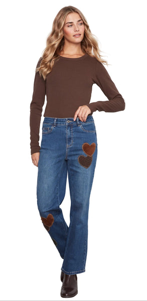 STRAIGHT LEG PANTS WITH CORDUROY AND LEOPARD HEART PATCHES Jeans Charlie B. 