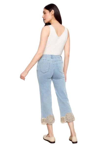 STRETCH DENIM LASER CUT LACE HEM FLARE LEG JEANS Pants Charlie B 