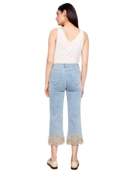 STRETCH DENIM LASER CUT LACE HEM FLARE LEG JEANS Pants Charlie B 