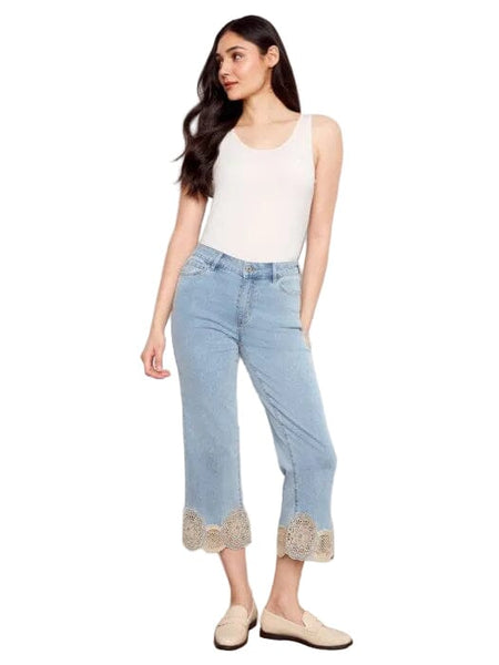 STRETCH DENIM LASER CUT LACE HEM FLARE LEG JEANS Pants Charlie B 