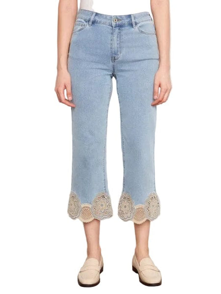 STRETCH DENIM LASER CUT LACE HEM FLARE LEG JEANS Pants Charlie B 4 Pale Blue 
