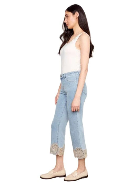 STRETCH DENIM LASER CUT LACE HEM FLARE LEG JEANS Pants Charlie B 