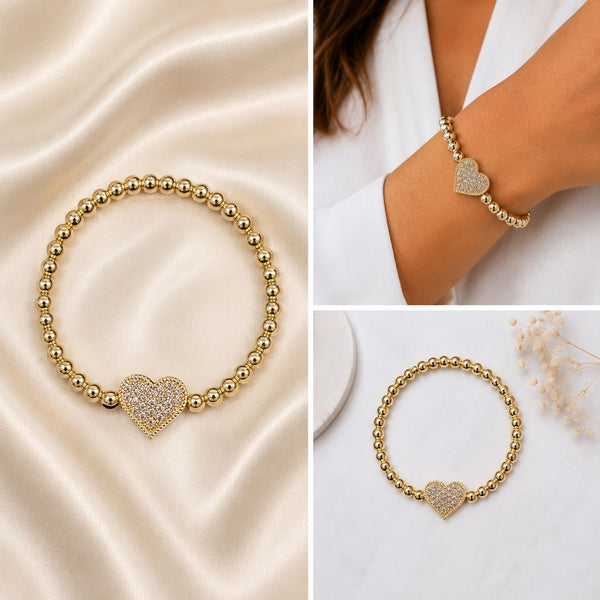 STRETCH GOLD MINI BALLS HEART BRACELET Bracelet FashionWear Collection 