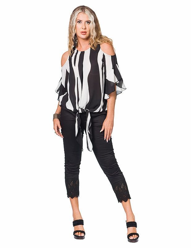 STRIPED COLD SHOULDER WITH FRONT TIE Top Minkas S Black 