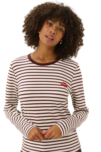STRIPED LONG SLEEVE CREW NECK T SHIRT Top CULTURE S Burgundy 
