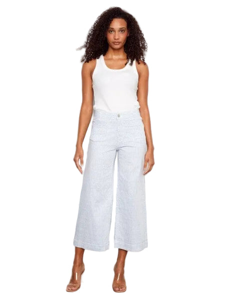 STRIPED TWILL CROPPED PATCH POCKET FLARE PANTS Pants Charlie B 2 Blue Stripe 