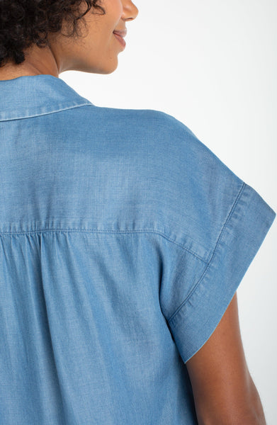 SUNLIT BLUE POPOVER TOP WITH SHIRRING Shirts & Tops Liverpool 