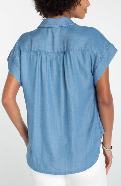 SUNLIT BLUE POPOVER TOP WITH SHIRRING Shirts & Tops Liverpool 