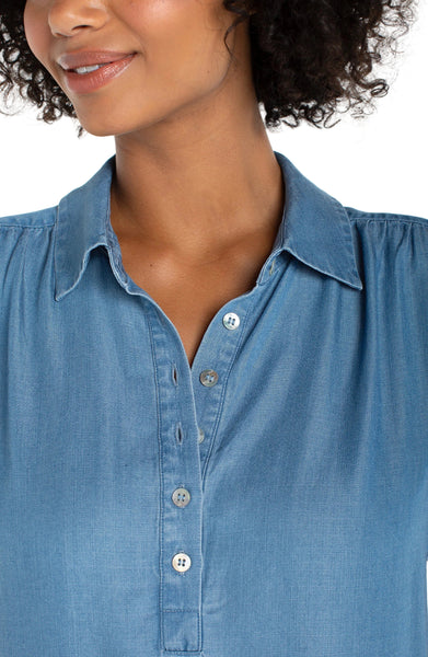SUNLIT BLUE POPOVER TOP WITH SHIRRING Shirts & Tops Liverpool 
