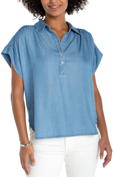 SUNLIT BLUE POPOVER TOP WITH SHIRRING Shirts & Tops Liverpool S Sunlit Light blue 
