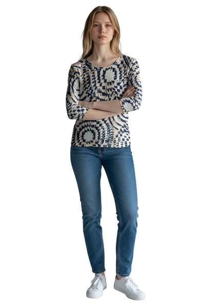 SWIRL NAVY BEIGE PRINT CREW NECK TOP Top Bali 