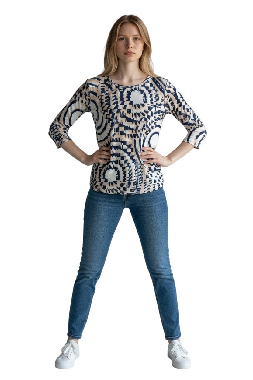 SWIRL NAVY BEIGE PRINT CREW NECK TOP Top Bali XS Navy/Beige Swirl 
