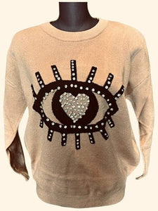 TAN EYE LASH BLING SWEATER Sweater Karma OS Tan 