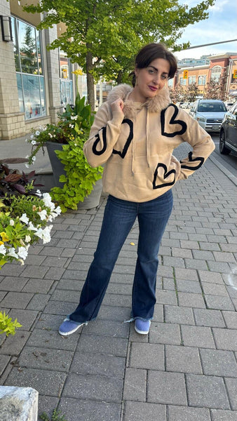 TAN HEART SWEATER WITH FUR LINED HOODY AND DRAWSTRING NECK Sweater Karma 