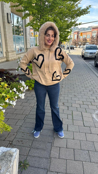 TAN HEART SWEATER WITH FUR LINED HOODY AND DRAWSTRING NECK