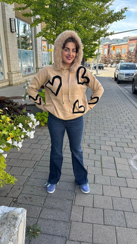 TAN HEART SWEATER WITH FUR LINED HOODY AND DRAWSTRING NECK Sweater Karma OS Tan 