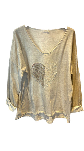 TAUPE HEART LACE SEQUIN LOOSE OPEN KNIT SWEATER Sweater Karma OS Taupe 