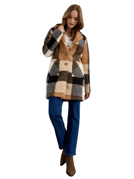 TAUPE MIX PLAID BOUCLE KNIT TAILORED COLLAR COAT Jacket Charlie B 