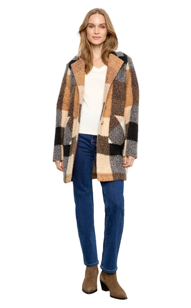 TAUPE MIX PLAID BOUCLE KNIT TAILORED COLLAR COAT Jacket Charlie B 