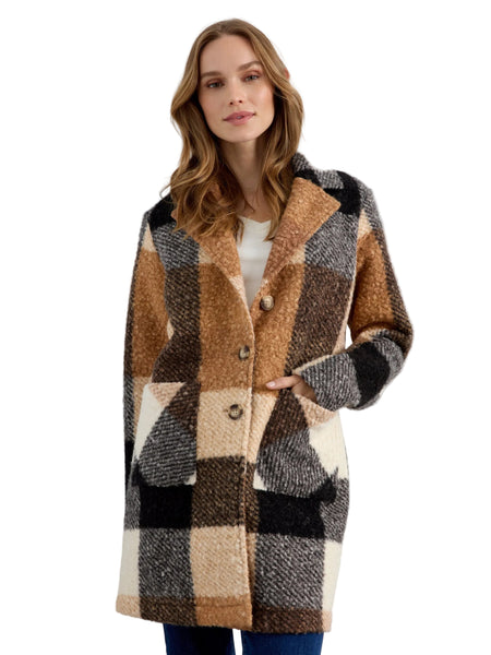 TAUPE MIX PLAID BOUCLE KNIT TAILORED COLLAR COAT Jacket Charlie B S Taupe Mix 