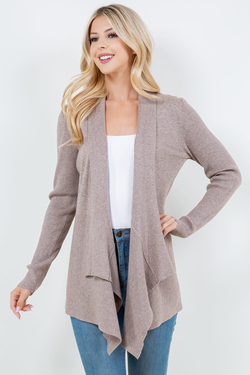 TAUPE OPEN SOFT RIBBED SLEEVE CARDIGAN Cardigan FashionWear Collection S/M Taupe 