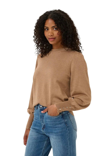 TAUPE ROUND NECK SWEATER WITH BUTTON DETAIL ON SLEEVE Sweater KAFFE XS Taupe 