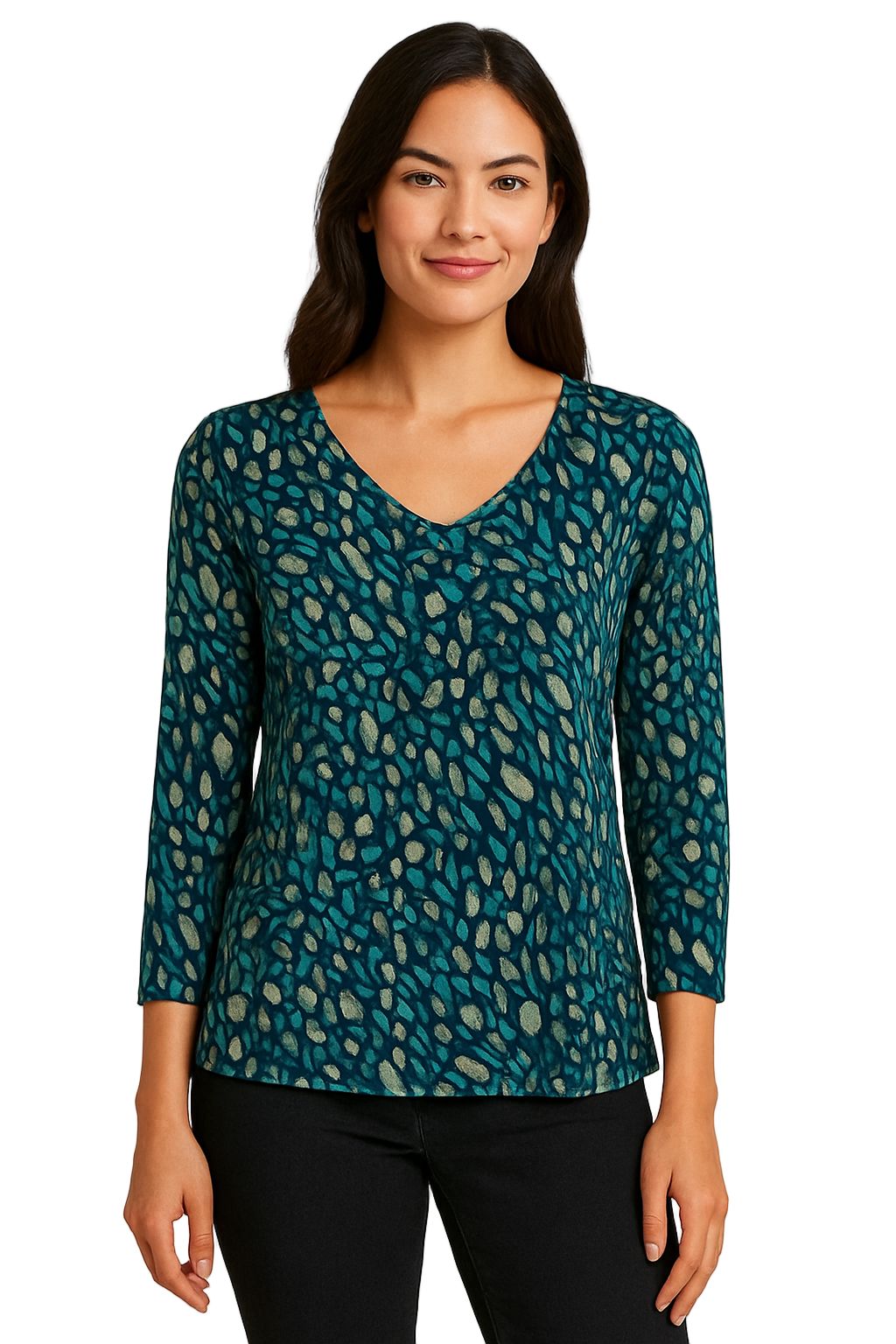 TEAL MIX PRINTED V NECK LONG SLEEVE TOP Top Bali XS Teal 