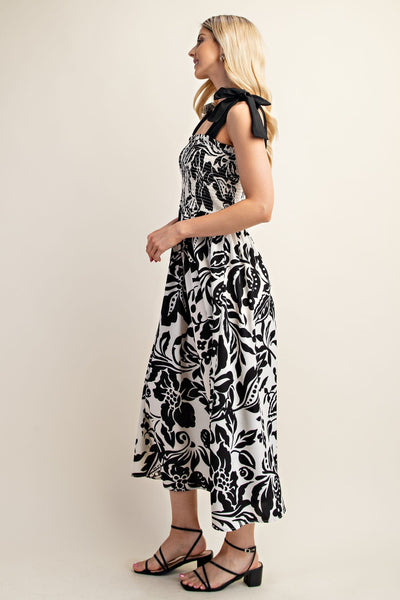 TIE STRAP BLACK WHITE PRINTED SMOCKED DRESS Dress FashionWear Collection 