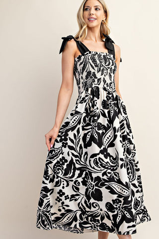 TIE STRAP BLACK WHITE PRINTED SMOCKED DRESS Dress FashionWear Collection 