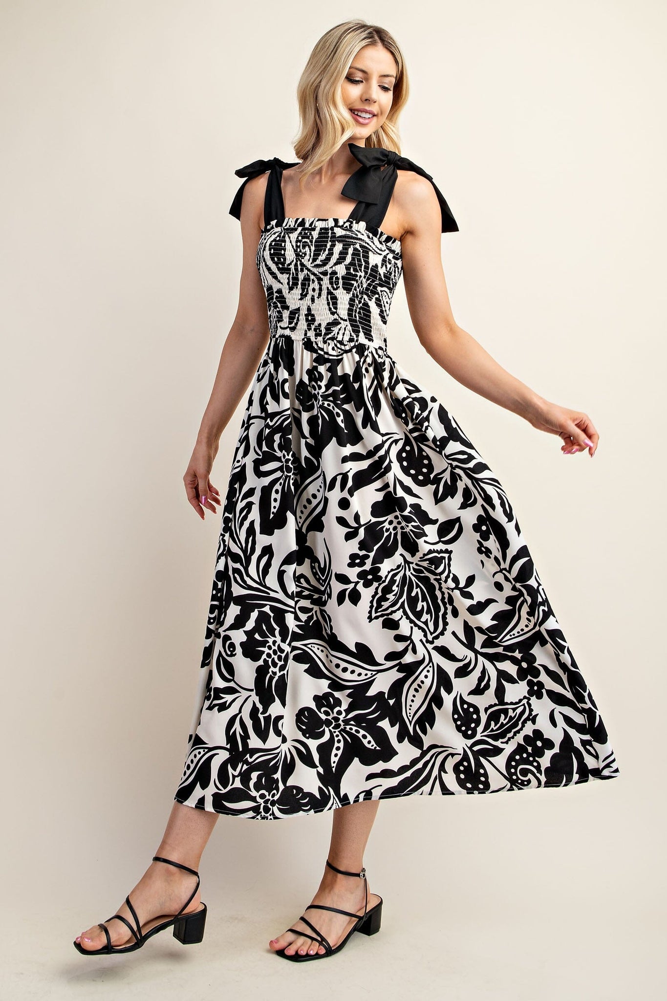 TIE STRAP BLACK WHITE PRINTED SMOCKED DRESS Dress FashionWear Collection S Black/White 