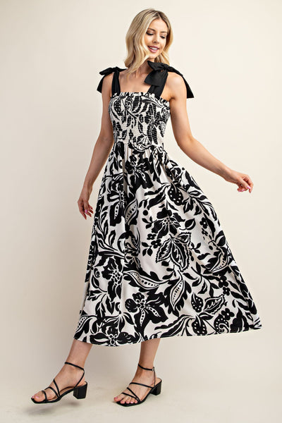 TIE STRAP BLACK WHITE PRINTED SMOCKED DRESS Dress FashionWear Collection S Black/White 