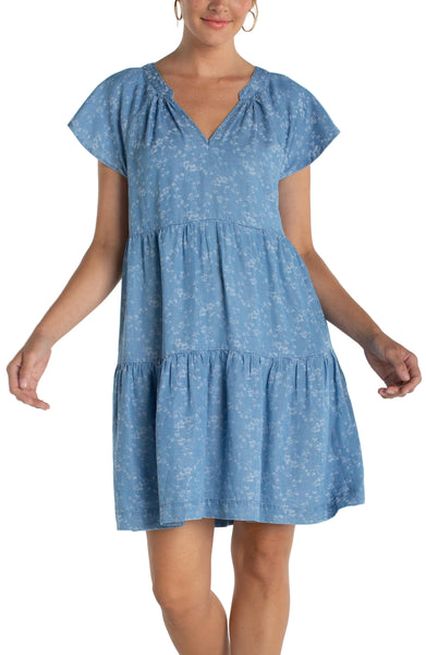 TIERED FLUTTER SLEEVE DRESS Dresses Liverpool XS Indigo Roses 