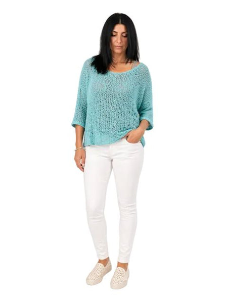 TURQUOISE OPEN KNIT CROCHET TOP Top FashionWear Collection One Size Turquoise 