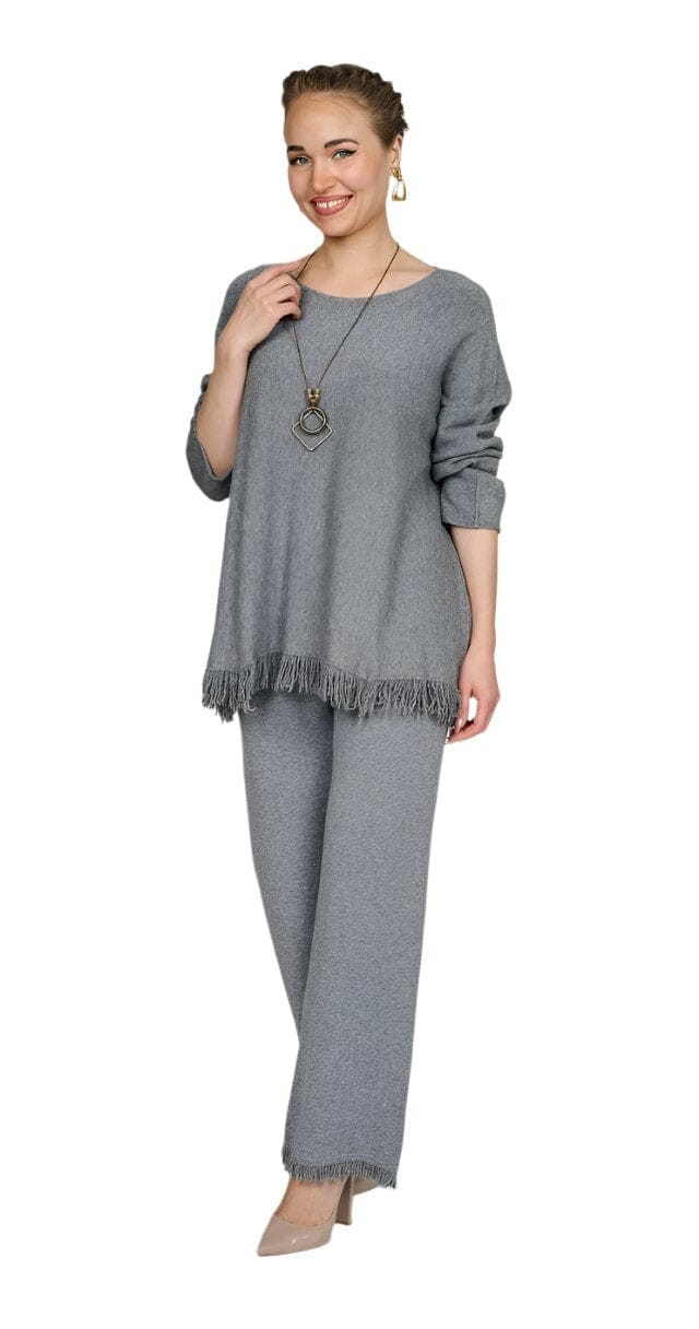 TWO PIECE GREY FRINGE KNIT OUTFIT Two piece knit suit Bella Amore OS Grey 