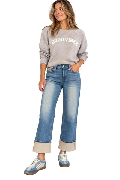 TWO TONE STRIGHT LEG CUFFED FLEECE LINED JEANS Jeans Pink Martini 
