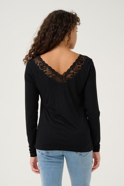 V NECK LACE BLACK LONG SLEEVE T SHIRT Shirts & Tops CREAM 