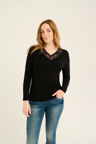 V NECK LACE BLACK LONG SLEEVE T SHIRT Shirts & Tops CREAM 