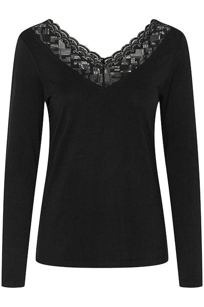 V NECK LACE BLACK LONG SLEEVE T SHIRT Shirts & Tops CREAM 