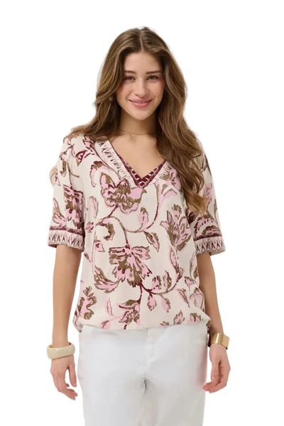 V NECK PINK FLORAL TOP Shirts & Tops CREAM 