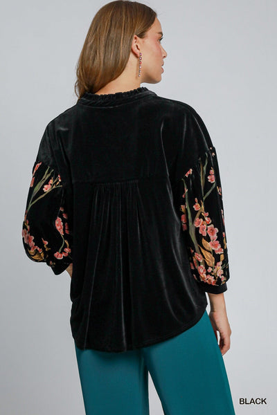 VELVET SHEER FLORAL SLEEVE BUTTON DOWN TOP Top FashionWear Collection 