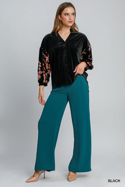 VELVET SHEER FLORAL SLEEVE BUTTON DOWN TOP Top FashionWear Collection 