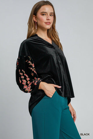 VELVET SHEER FLORAL SLEEVE BUTTON DOWN TOP Top FashionWear Collection 