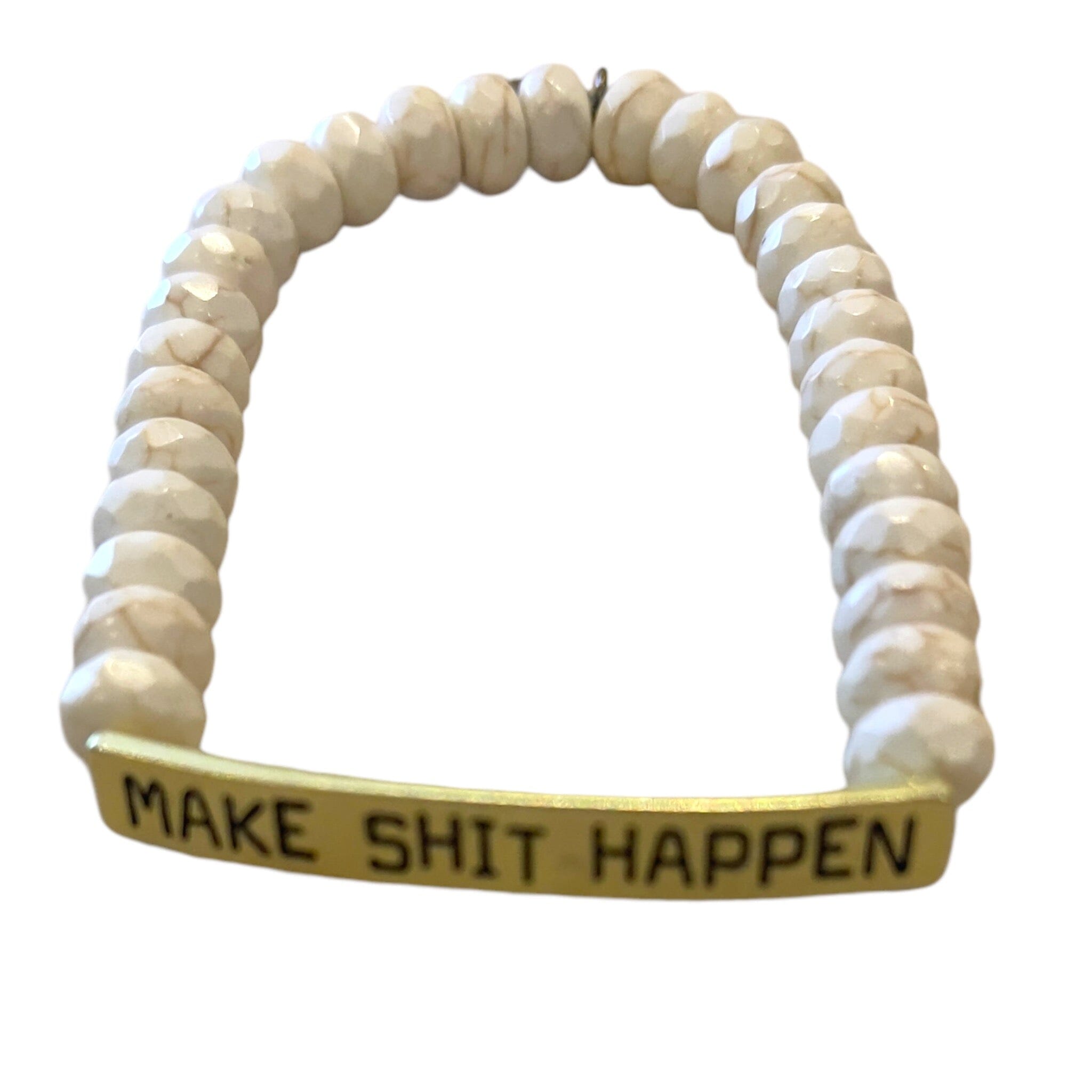 WHITE BEADED GOLD MAKE SHIT HAPPEN ELASTIC BRACELET Bracelets FashionWear Collection White 