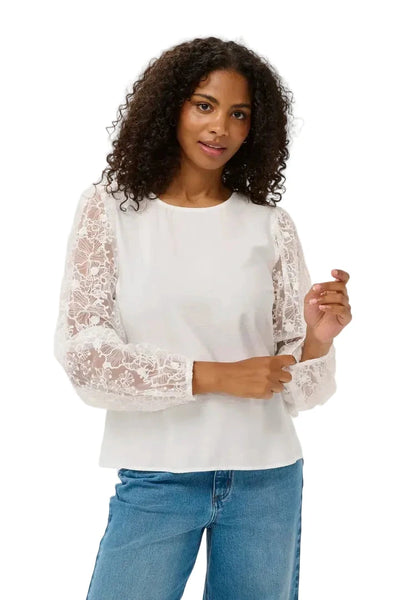 WHITE BLOUSE WITH LACE SHEER LONG SLEEVE Blouse Kaffe 36 White 