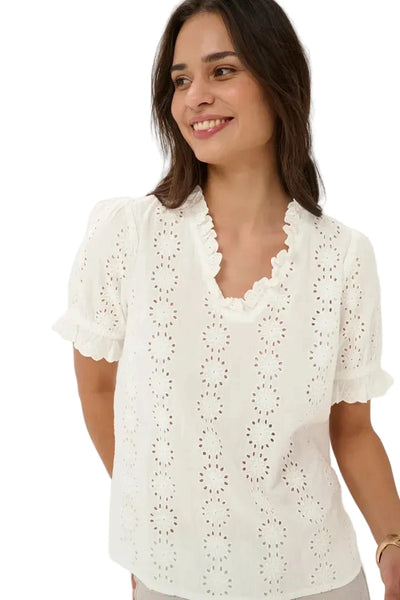 WHITE COTTON V NECK SHORT SLEEVE TOP Blouse Kaffe 34 White 