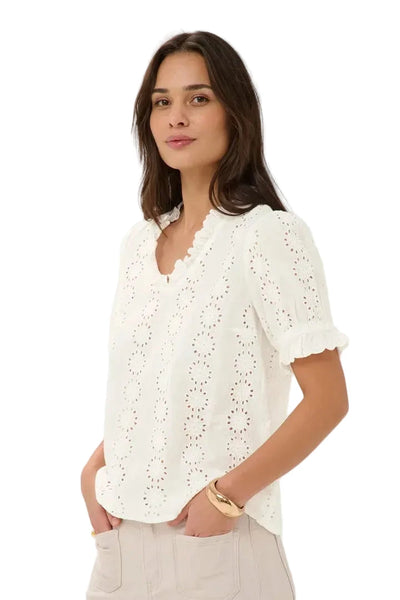 WHITE COTTON V NECK SHORT SLEEVE TOP Blouse Kaffe 