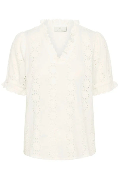 WHITE COTTON V NECK SHORT SLEEVE TOP Blouse Kaffe 