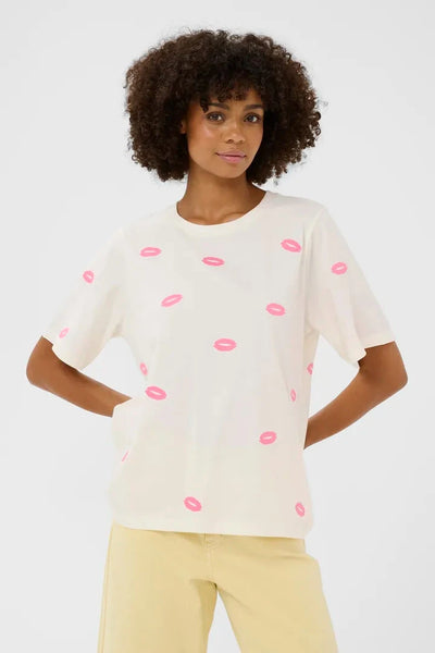 WHITE CREW NECK LIP DETAILED T SHIRT T Shirts & Tops CULTURE 